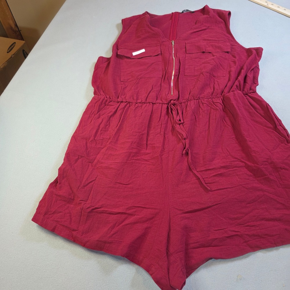 Bloomchic Womens Plus Size 22-24 Burgundy Zip Front Drawstring Waist Romper Wine